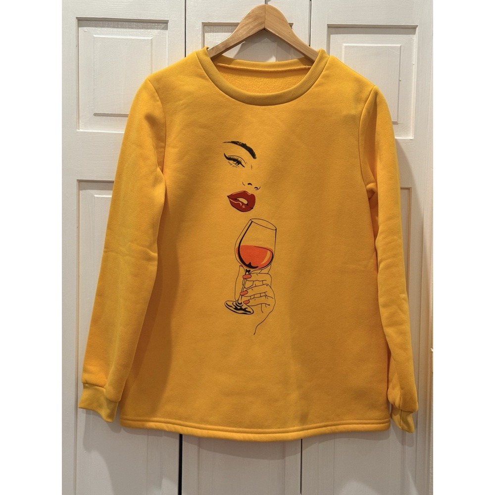 Glam Wine Glass Women M Yellow‎ Sweatshirt Ladies Night Athleisure Party